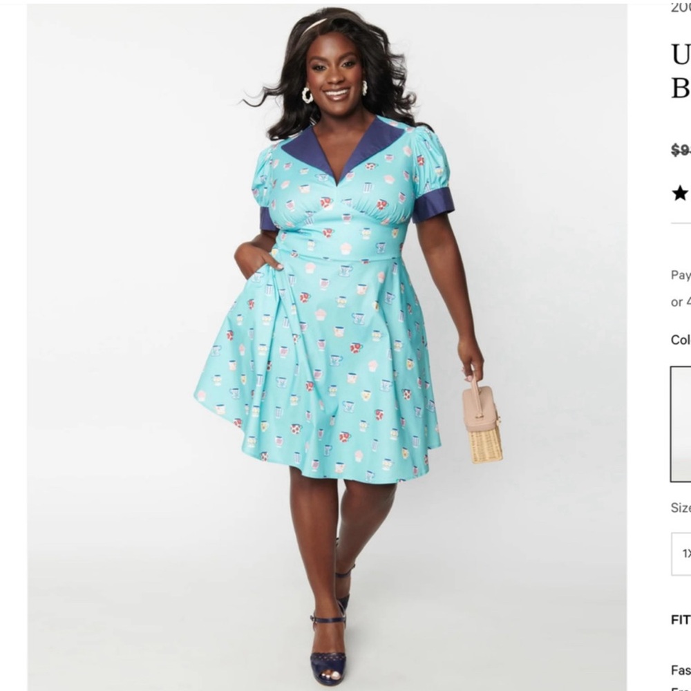 NWT Unique Vintage $98 Light Blue Teacup Print Flare Dress Size 1X or 16
